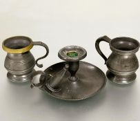 Two pewter gill measures and a 19thc pewter chamber candle stick with beaded border complete with