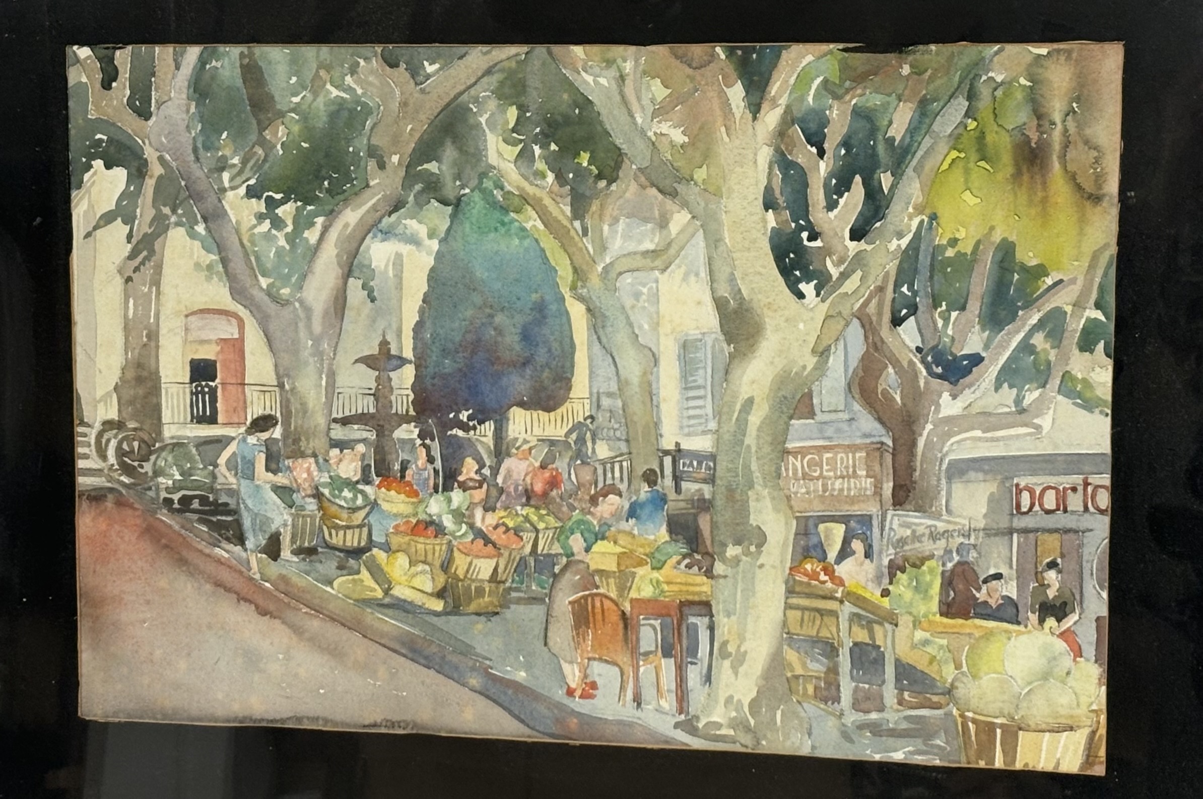 Unknown Artist, A French town farmers market scene, watercolour and pencil on paper, unsigned,