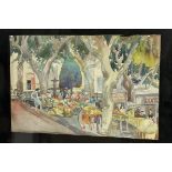 Unknown Artist, A French town farmers market scene, watercolour and pencil on paper, unsigned,