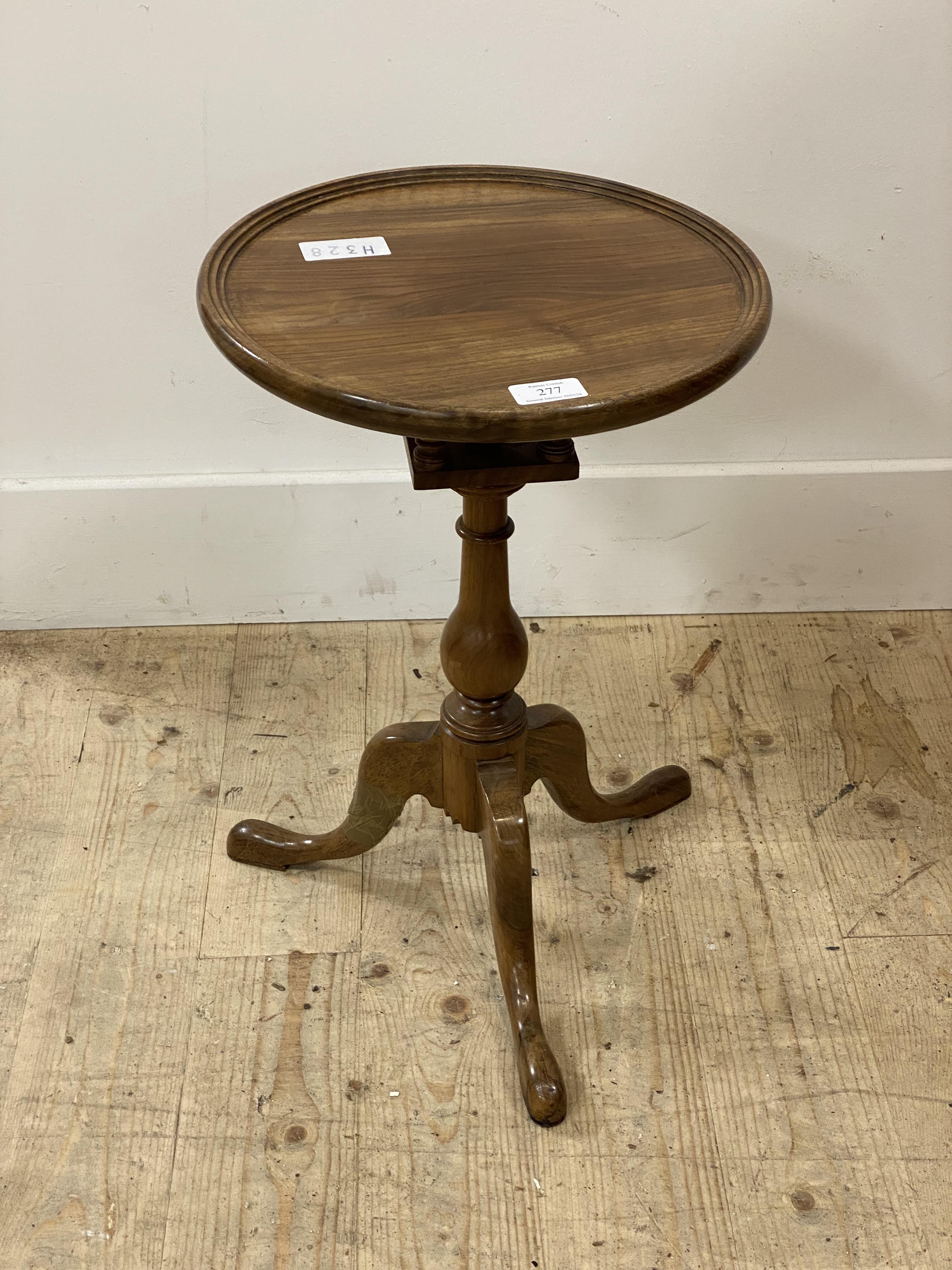 A Georgian style snap top walnut wine table, the circular dished top on bird cage action, raised - Image 2 of 2