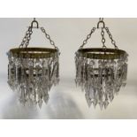 A pair of mid 20th century French pendent / basket light shades, each with two tiers of crystal