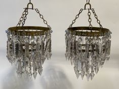 A pair of mid 20th century French pendent / basket light shades, each with two tiers of crystal