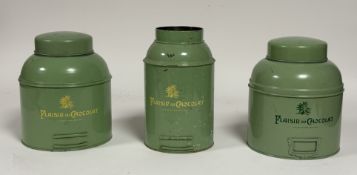A trio of 19thc Plaisir Du Chocolat, Edinburgh pale green store tins, two with cream lettering to