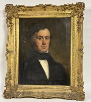 A 19thc School Portrait of a gentleman with a black topcoat, oil on canvas, unsigned, in a gilt