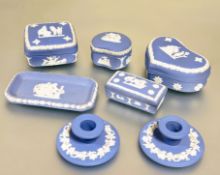 A collection of pale blue Wedgwood jasper ware to include, three candy boxes of heart L x 13cm ,