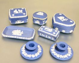 A collection of pale blue Wedgwood jasper ware to include, three candy boxes of heart L x 13cm ,
