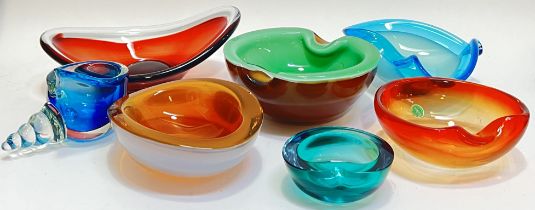 A group of seven brightly coloured Italian art glass bowls of various abstract forms (largest h-