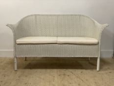 A Lloyd Loom basketwork to seat sofa, with squab cushions and cylindrical supports. H95cm, W152cm.