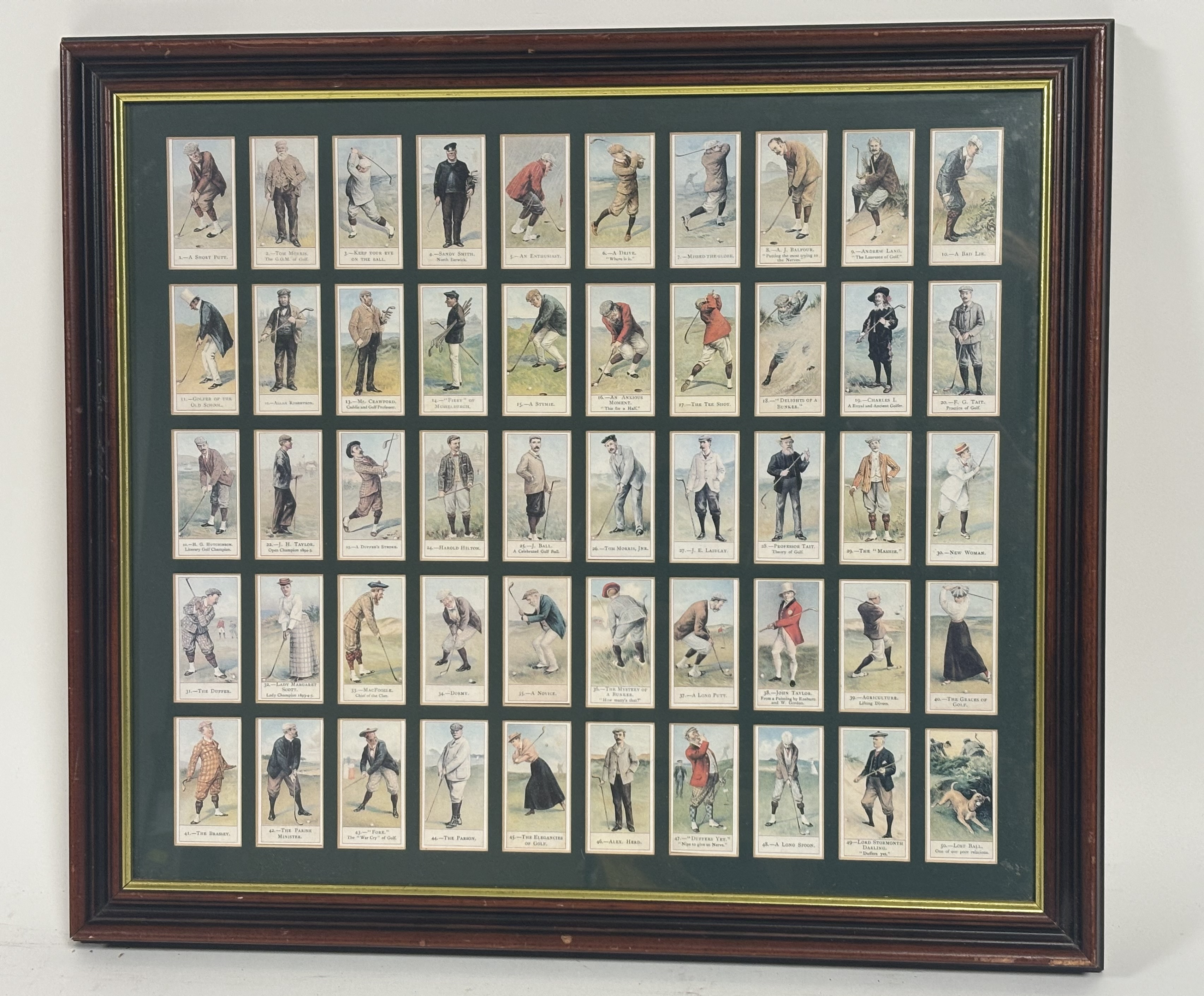 A complete set of 50 re-prints of Cope's Golfers cigarette cards, framed. (50cmx54cm)