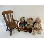 A collection of vintage dolls, an Edwardian bisque head doll with a pink and lace satin dress and