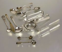A pair of Edwardian Birmingham silver mother of pearl handled butter forks and a collection of