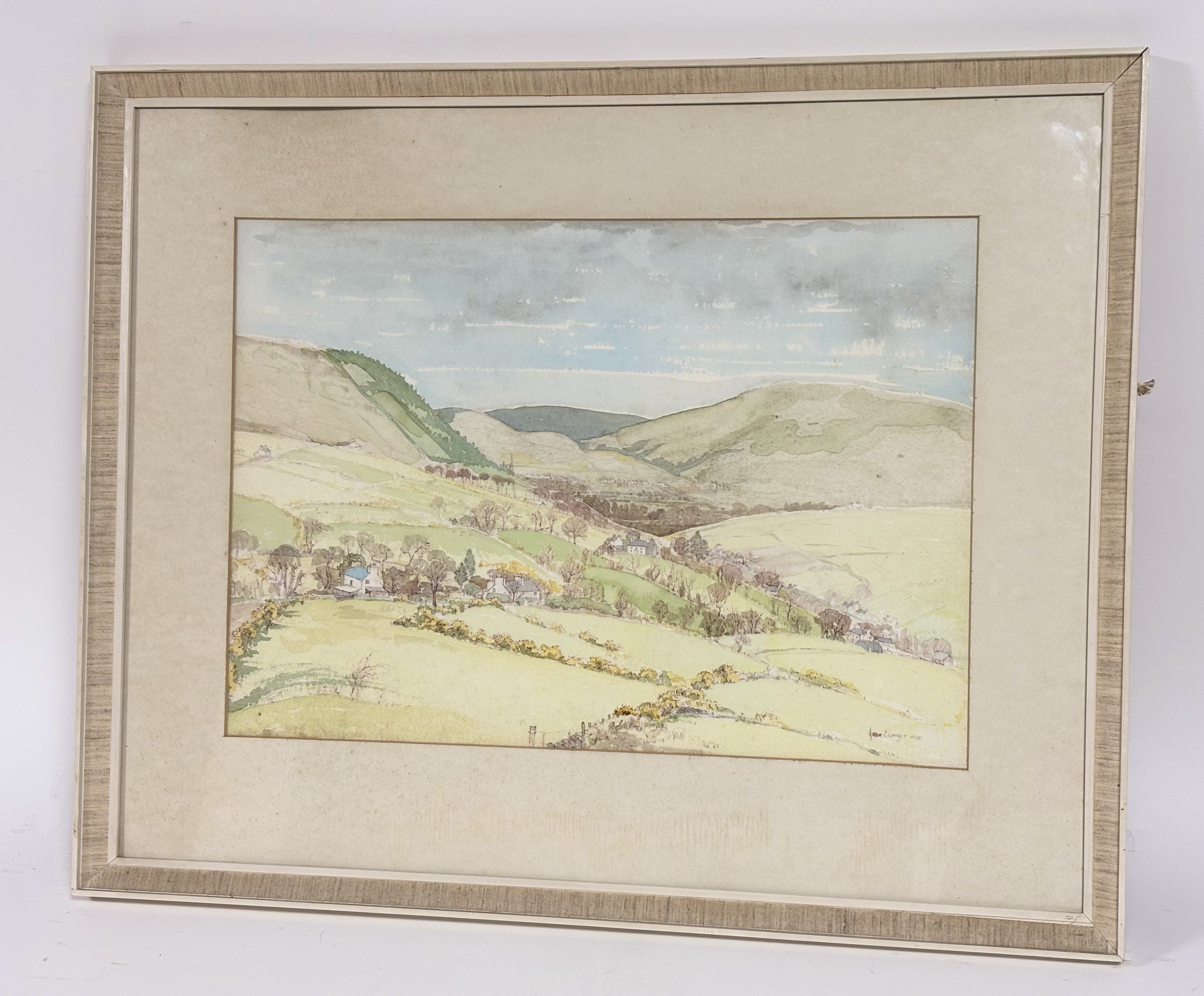 Joan M Eisinger, English countryside landscape, pen and watercolour, signed and dated 1975 bottom