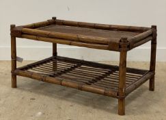 A 1960s bamboo and rattan rectangular coffee table with under tier. H52cm, W102cm, D59cm