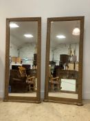 A pair of traditional wall hanging mirrors in carved oak frames. 171cm x 81cm.