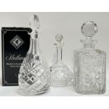 A boxed Shetland Hand Cut Lead Crystal Wine Decanter (h- 31cm, with paper label), together with an