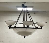 A large ceiling dish light, the central Perspex shade enclosing six bulb holders, and issuing