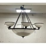 A large ceiling dish light, the central Perspex shade enclosing six bulb holders, and issuing