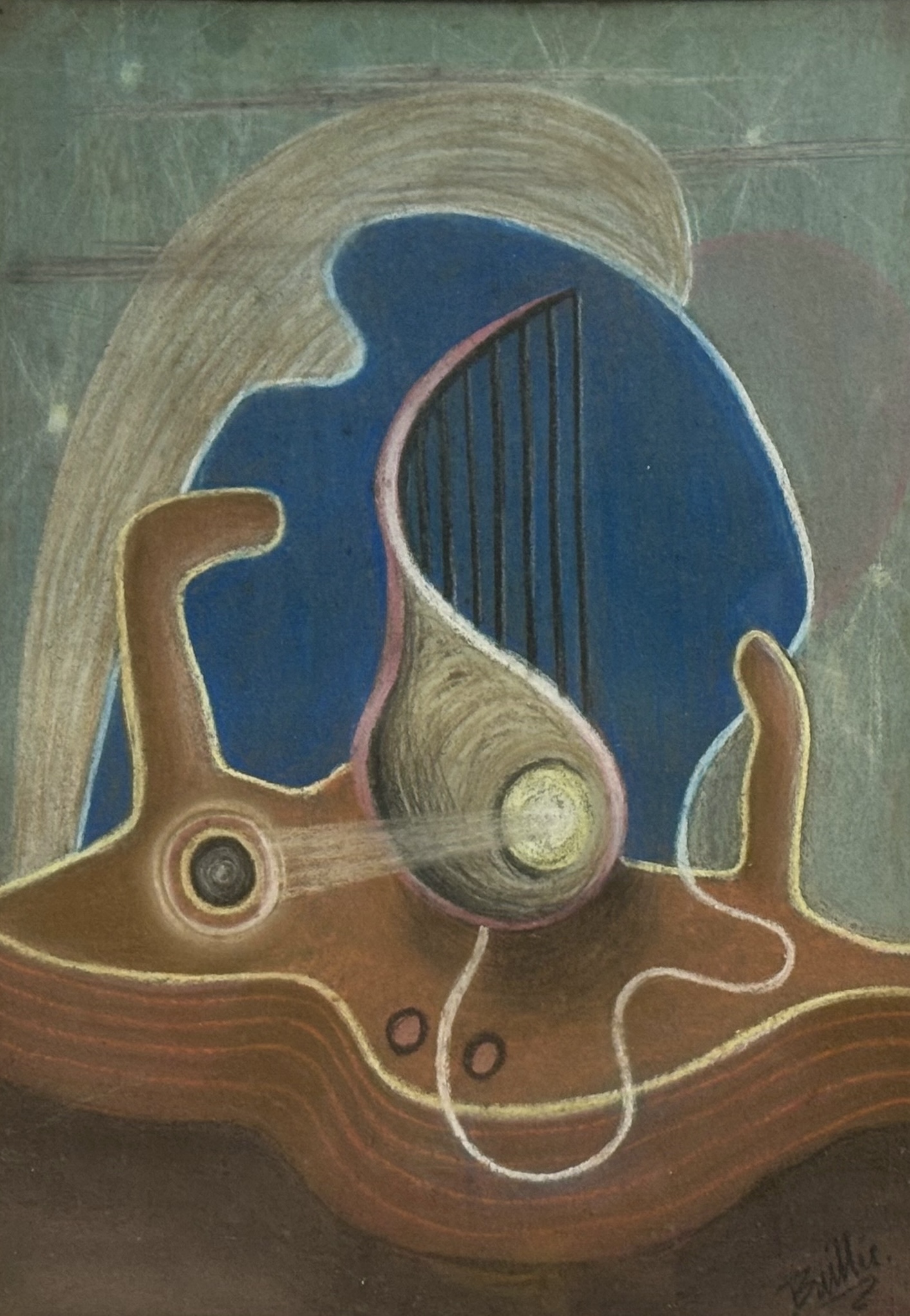 Baillie, Surrealist School of a clam shell, shell harp and starry sky, pastel on coloured, signed - Image 2 of 2