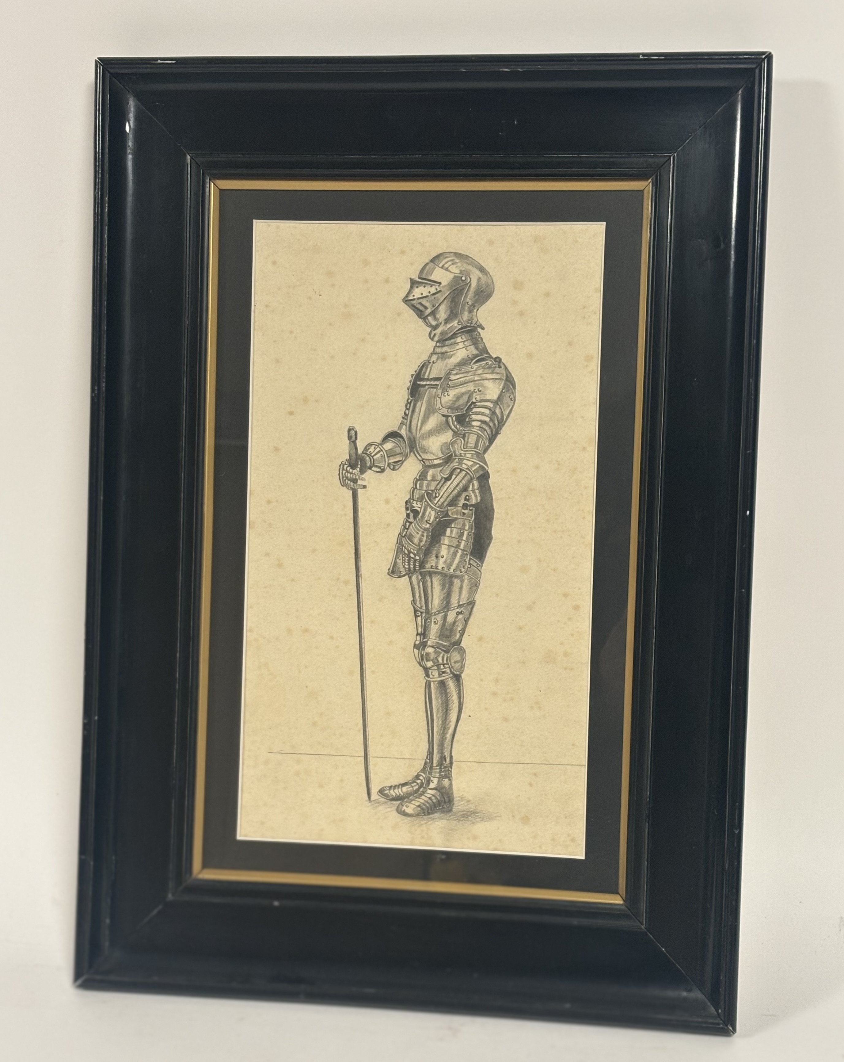 An Early 20thc School, A Knight in Full Armour, pencil, unsigned, framed. (34cmx19.5cm)