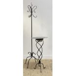 A Wrought iron hat and coat stand, (H201cm) together with a wrought metal plant stand with spun