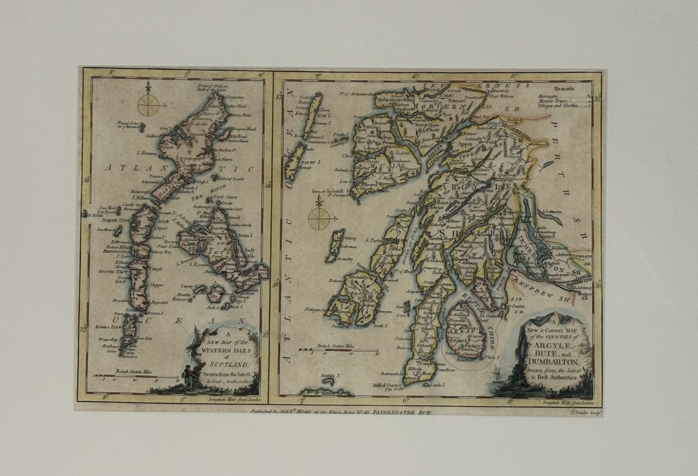 A group of framed map engravings comprising, "New & Correct Map of the Countries of Argyle, Bute and