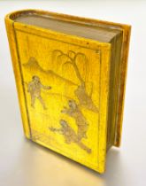 A Chinese modern secret book box with yellow and gilt decorated cover with scene of children playing