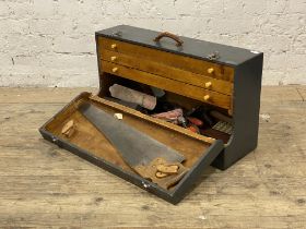 A gray painted joiners tool box with collection of woodworking tools. H42cm, L77cm.