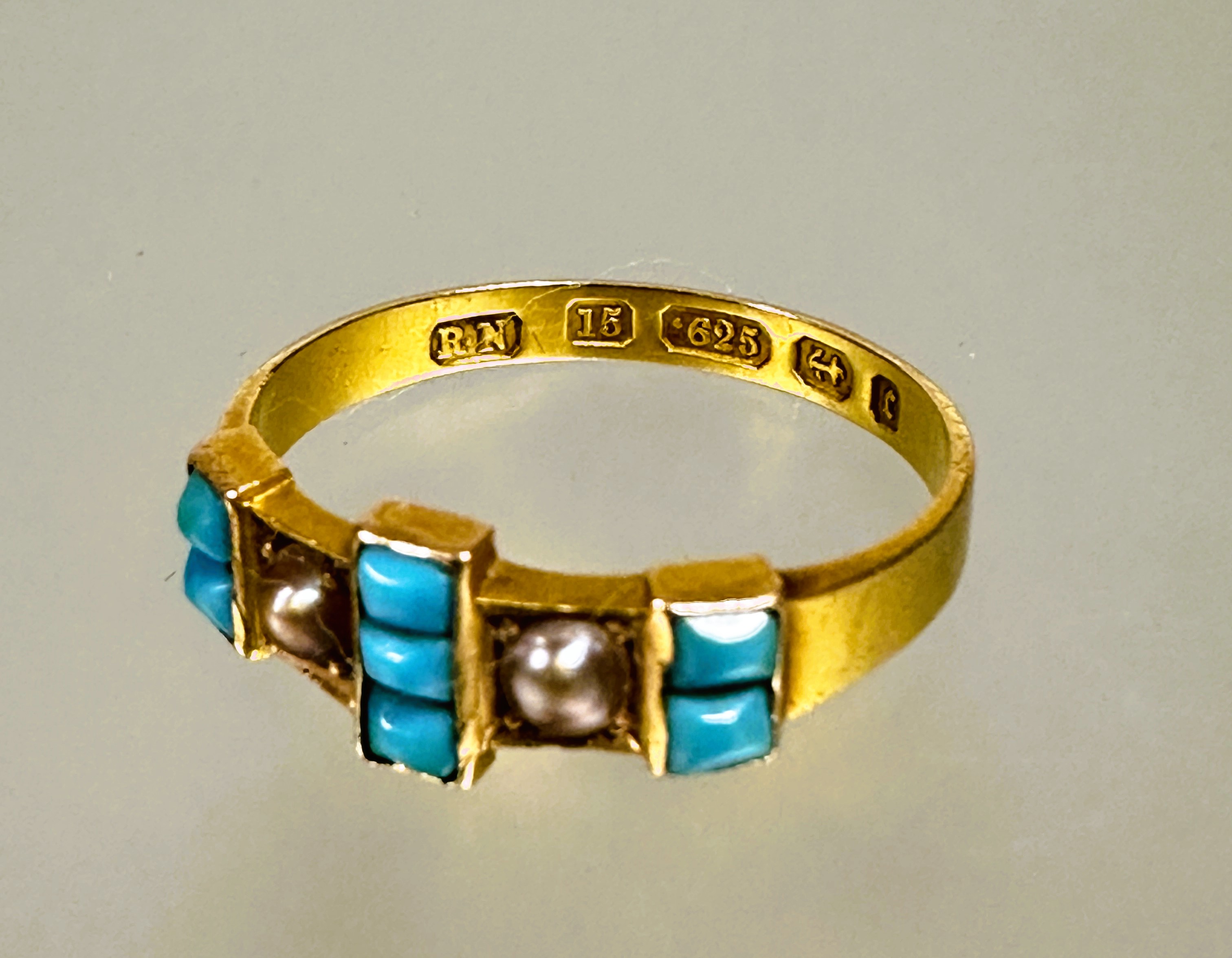 A 10ct gold ring set five oval turquoise mounted in claw setting N/O 2.05g, a Edwardian 15ct gold - Image 6 of 6