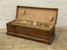 A apprentice joiners scumbled pine tool box containing a collection of wood working tools. L86cm.