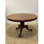 A Victorian mahogany tilt top breakfast table, the circular top raised on three acanthus leaf carved