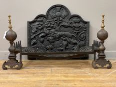 A cast-iron fire back, decorated with thistle, rose and fleur de lys motifs, further cast with