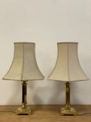 A pair of traditional brass table lamps, each with hexagonal post on square base and complete with