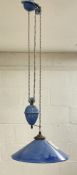 A Vintage French blue glazed ceramic rise and fall pendent light fitting, the conical shade
