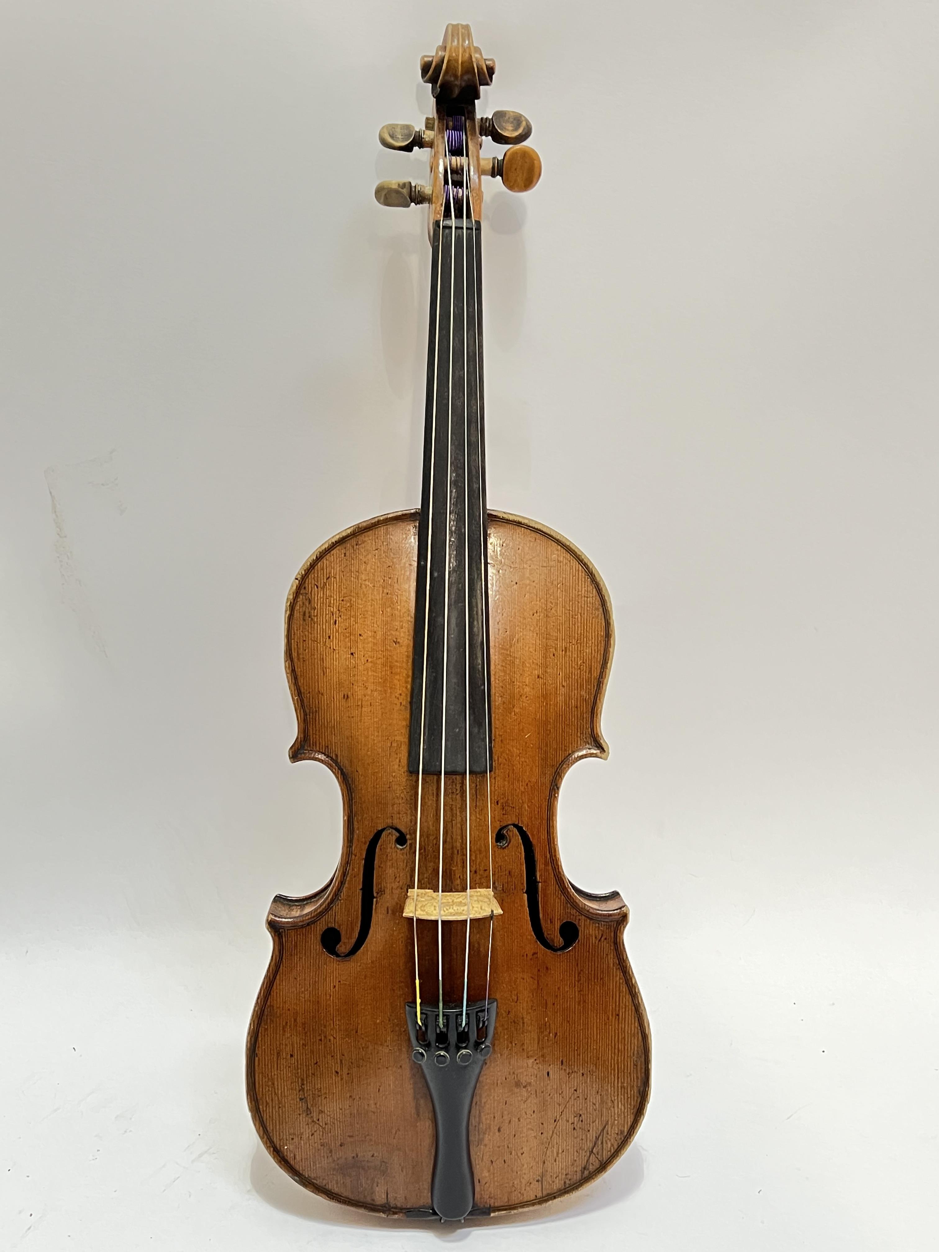 A vintage 3/4 size satinwood violin of two-piece back construction, together with a case - Image 2 of 3