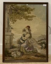 An early 20th century needlepoint embroidered panel, in a glazed frame. 71cm x 53cm.