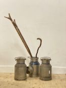A set of three Vintage aluminium milk churns (H40cm) together with a hawthorn walking stick, and two
