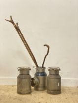 A set of three Vintage aluminium milk churns (H40cm) together with a hawthorn walking stick, and two