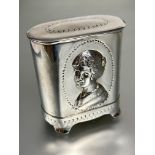 A Edwardian Birmingham silver oval tea caddy with chased portrait panel to fron and chain link