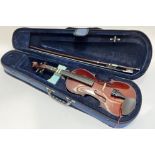 Stringers of Edinburgh, a 3/4 size violin of two-piece back construction, together with bow and