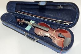 Stringers of Edinburgh, a 3/4 size violin of two-piece back construction, together with bow and