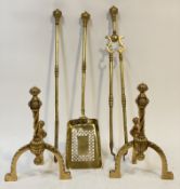 A pair of late Victorian cast brass and-irons (H35cm) together with a late Victorian brass three