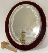 A velvet-edge mirror back sconce with etched fruit and vine design (missing arms, h- 56cm, w- 46cm),