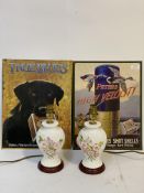 Two reproduction advertising signs (41cm x 32cm) together with a pair of ceramic lamp bases (H27cm)