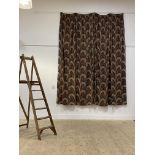 A pair of Wine and Navy Paisley pattern lined cotton pencil pleat curtains, (Drop 295cm, each