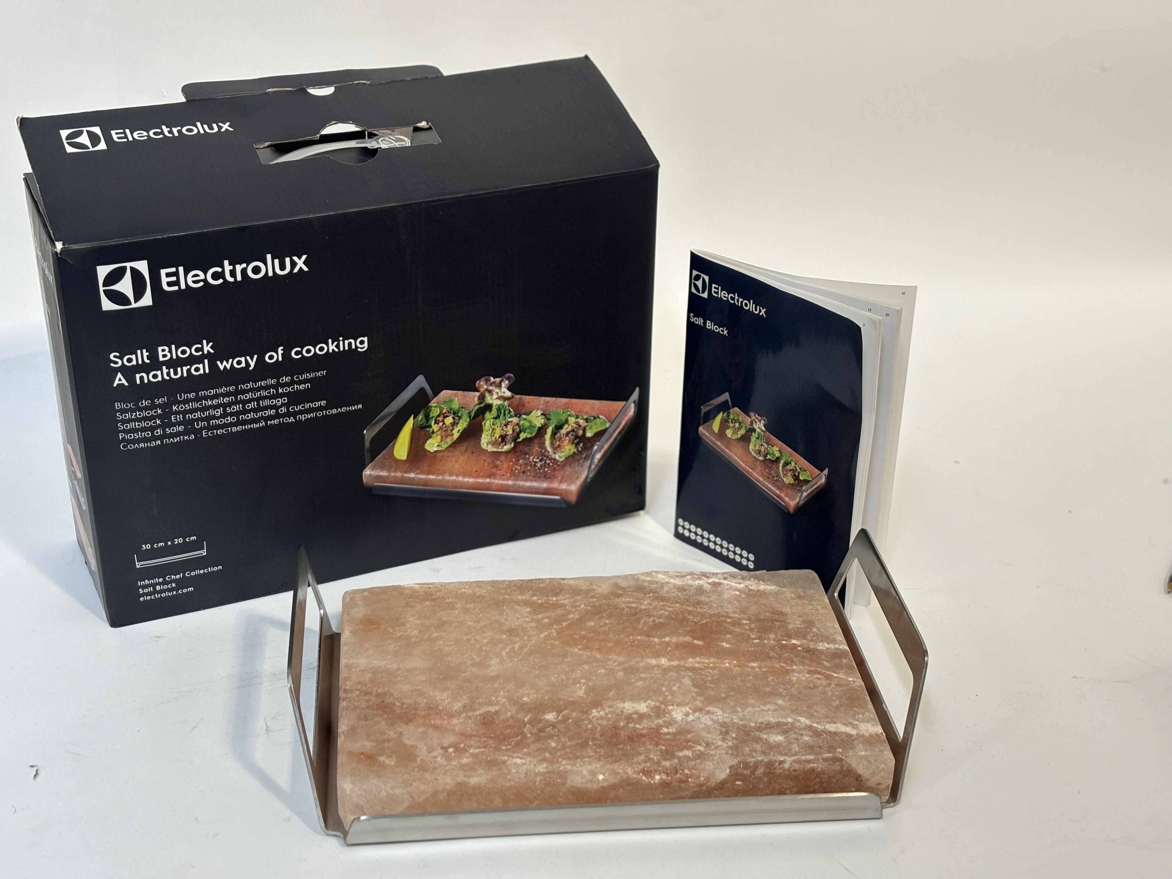A Electrolux Pink Himalayan Salt Block with metal tray in original presentation box and