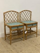 A pair of vintage bamboo and rattan bedside tables, each with raised lattice back, drawer and