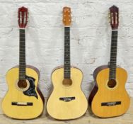 Three acoustic guitars including two maple fronted (Jim Deacon and CBSKY), and a Spruce fronted