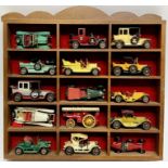 A group of vintage Lesney toy cars/automobiles (15) together with a wall mounted display (h- 32.5cm,