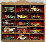 A group of vintage Lesney toy cars/automobiles (15) together with a wall mounted display (h- 32.5cm,