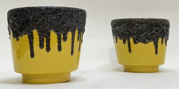 A pair of modern/twentieth century art pottery vases/pots with black lava glaze to rim over a bright